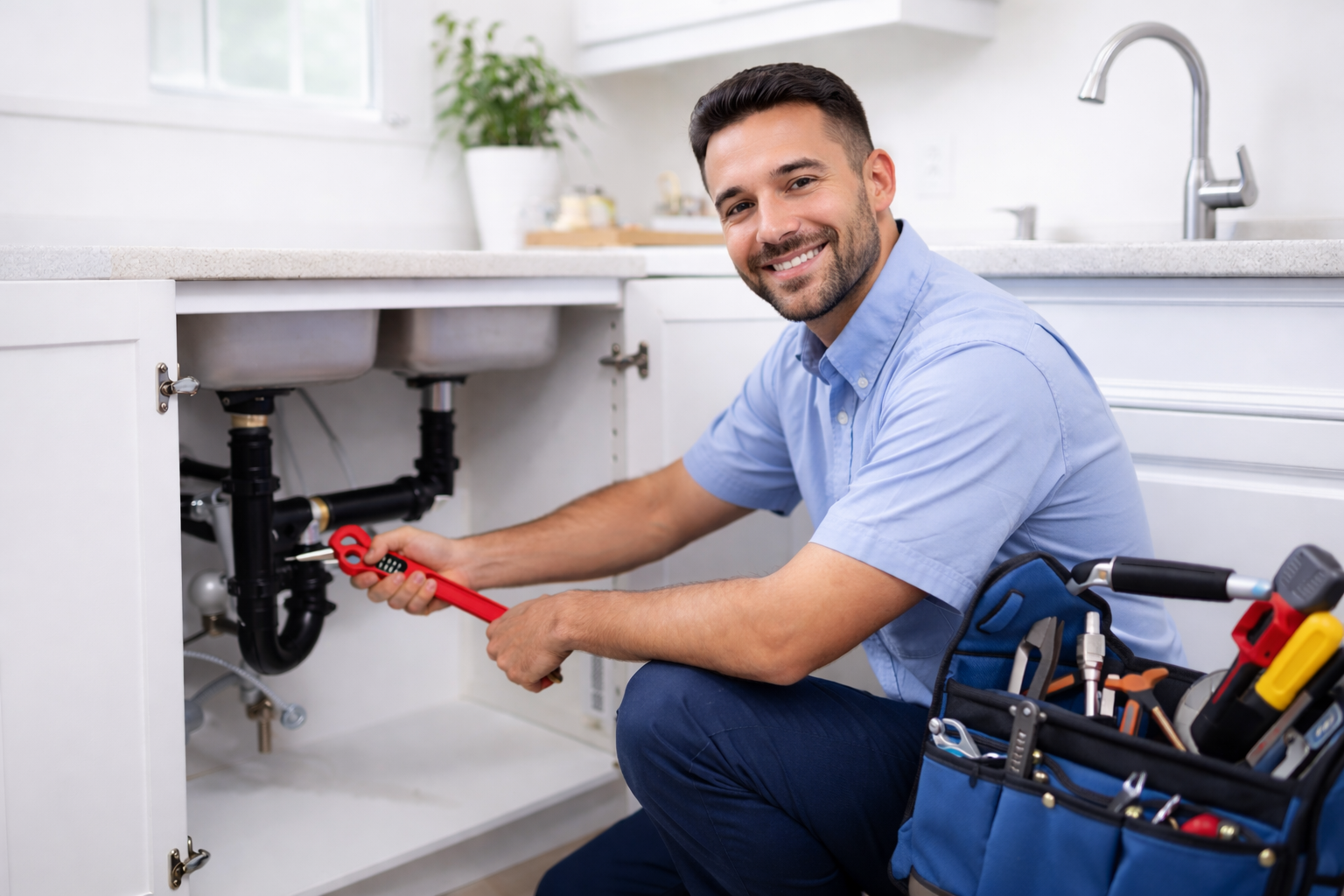 Professional plumber working under a clean kitchen sink
